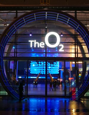 A front view of the O2 Arenas enterance.
