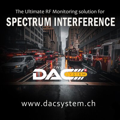 Promotional image for DAC System showing emergency service vehicles on a city street, with text reading “The Ultimate RF Monitoring solution for Spectrum Interference” and the website dacsystem.ch.