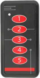 CST Call Buttons. Front View. 5 Button Transmitter with belt clip, black with red buttons. 