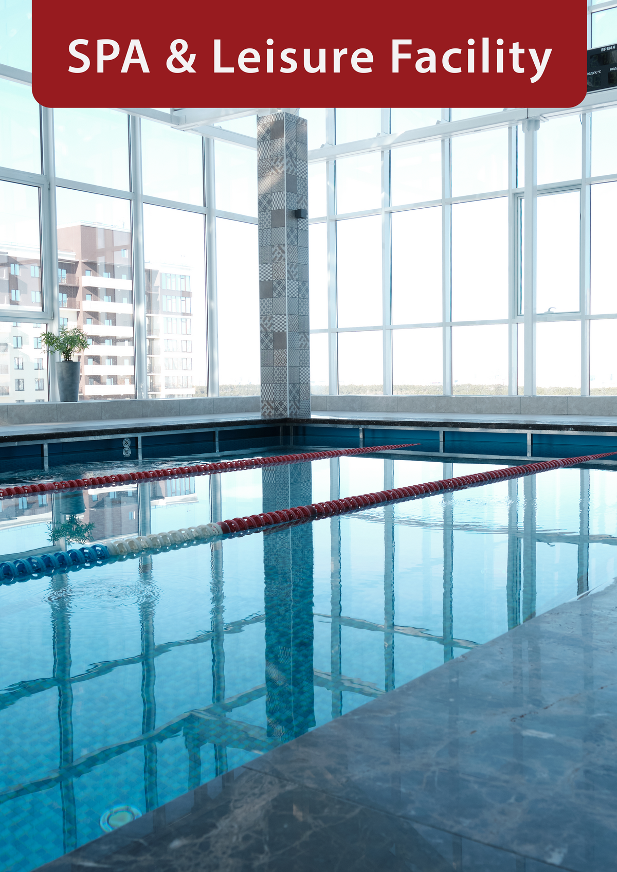 An indoor swimming pool and the words "SPA & leisure facility"