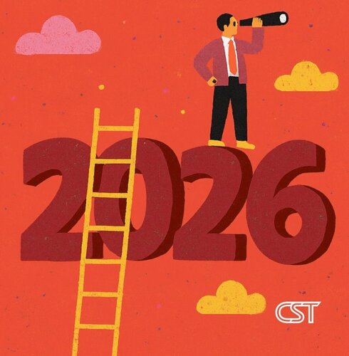 Illustration of a person standing on the number 2026 using a telescope, symbolising planning ahead and future trends in the UK pub and hospitality industry.