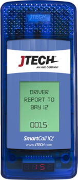 CST Customer Pager. Blue digital SmartCall IQ Pager with display screen, showing the message, report to bay 12. 