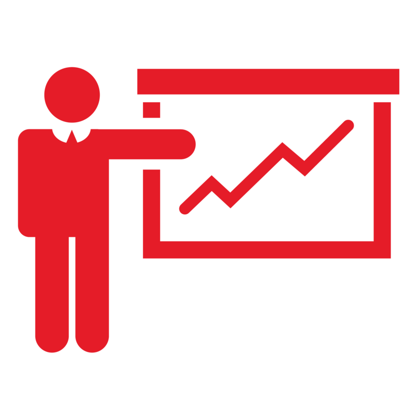 A red icon of a man wearing a suit pointing to a chart with data on it.