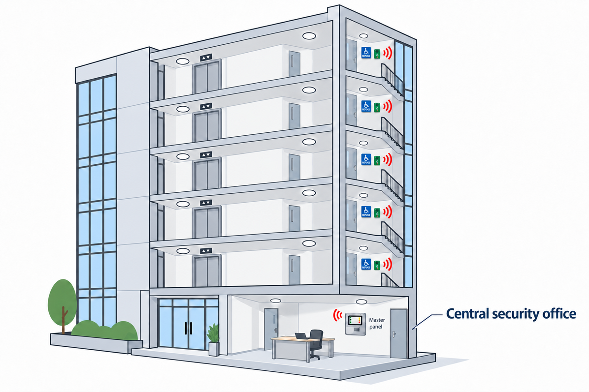 Wireless Radio Refuge call points on stair landings across five floors, linked to a Gen2 master panel in the ground-floor security office.