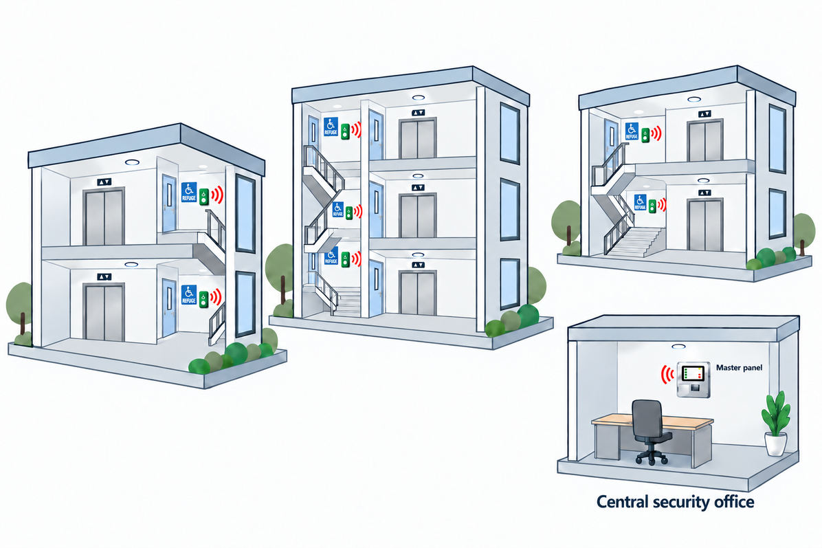Radio Refuge call points in stairwell refuge areas across three buildings, linked wirelessly to one master panel in a separate central security office.