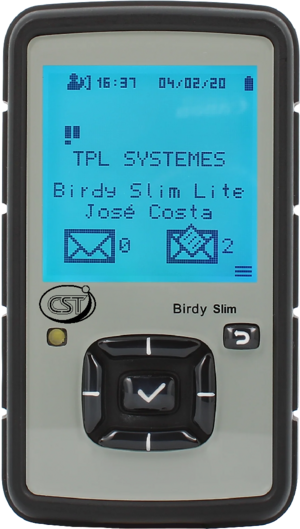 Birdy Slim Pager displaying main menu screen, with notification messages and alerts
