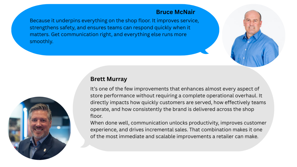 Dual quote graphic featuring Bruce McNair and Brett Murray explaining why communication is fundamental to retail success, improving service, safety, productivity, customer experience and sales without requiring major operational change.