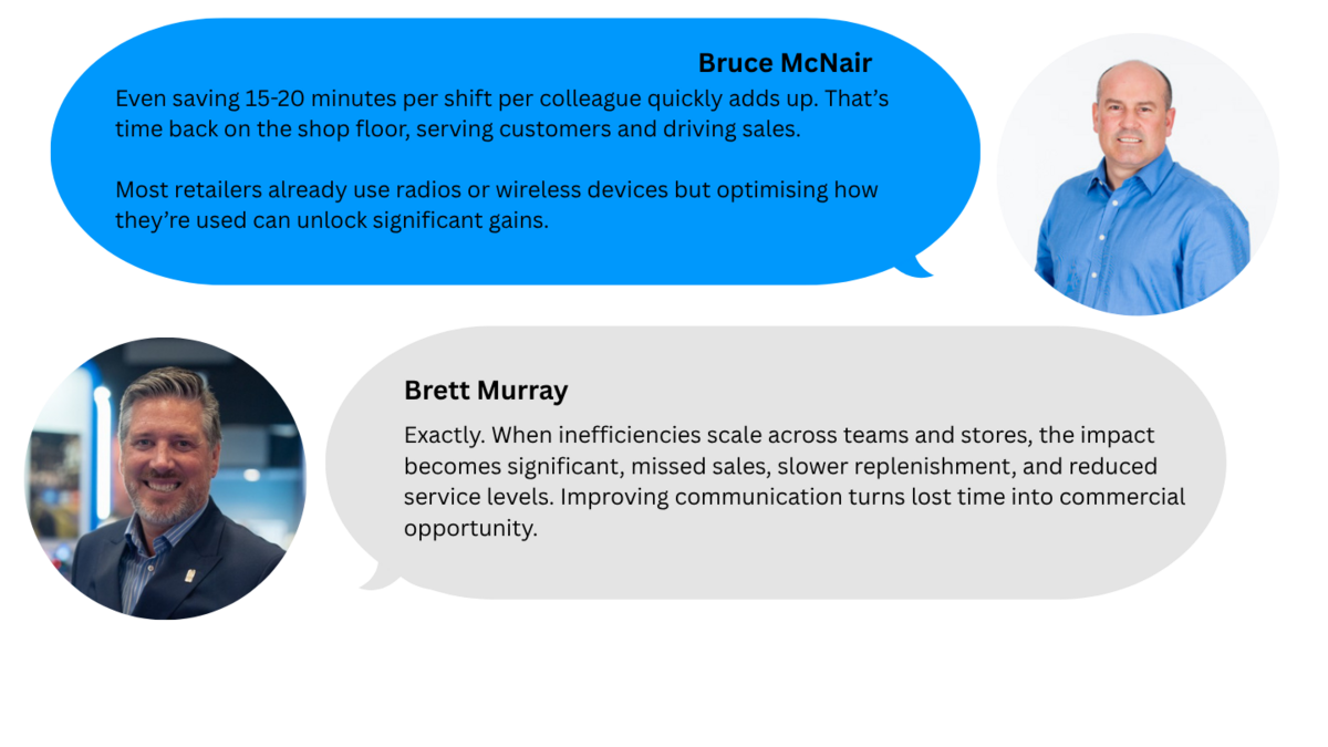 Dual quote graphic featuring Bruce McNair and Brett Murray explaining how saving time through better retail communication improves productivity, reduces missed sales and replenishment delays, and turns operational efficiency into commercial opportunity.