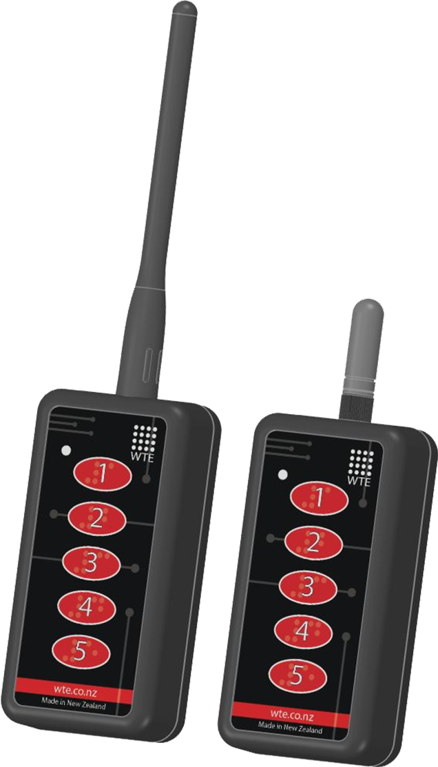 CST Call Buttons. 5 Button Transmitter, black with red buttons, two varients different ariels. 