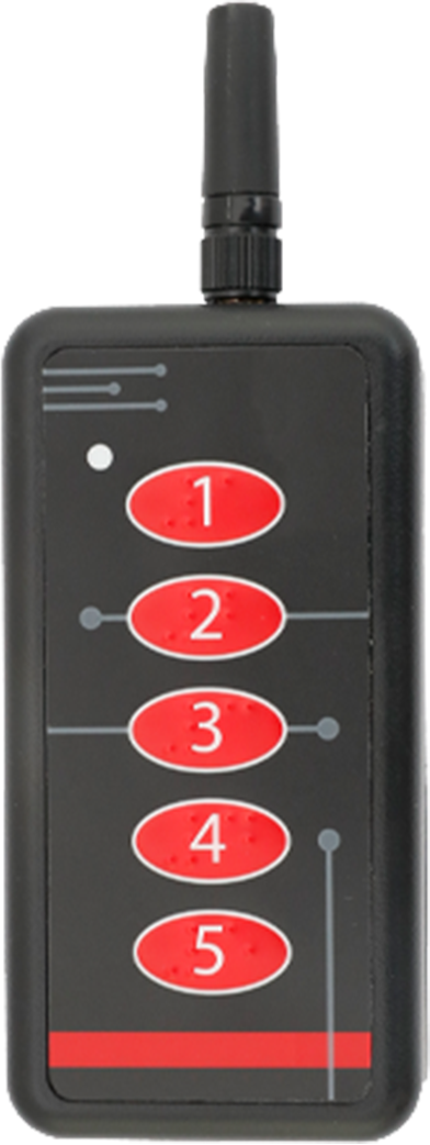 CST Call Buttons. 5 Button Transmitter, black with red buttons, front view. 