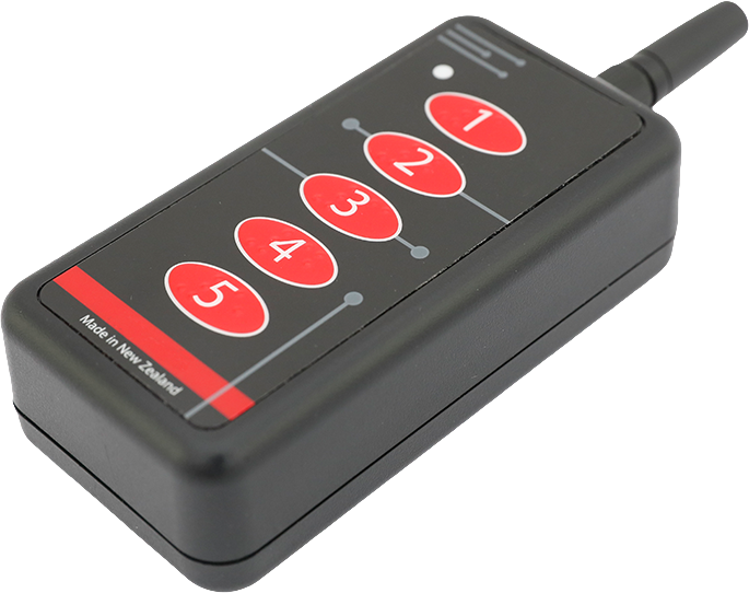 CST Call Buttons. 5 Button Transmitter, black with red buttons, side view. 