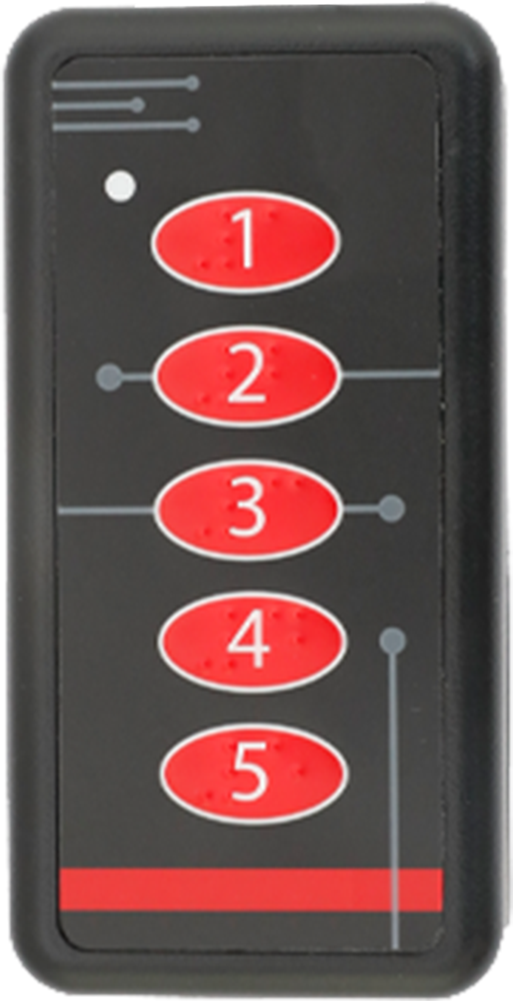 CST Call Buttons. Front View. 5 Button Transmitter with belt clip, black with red buttons. 