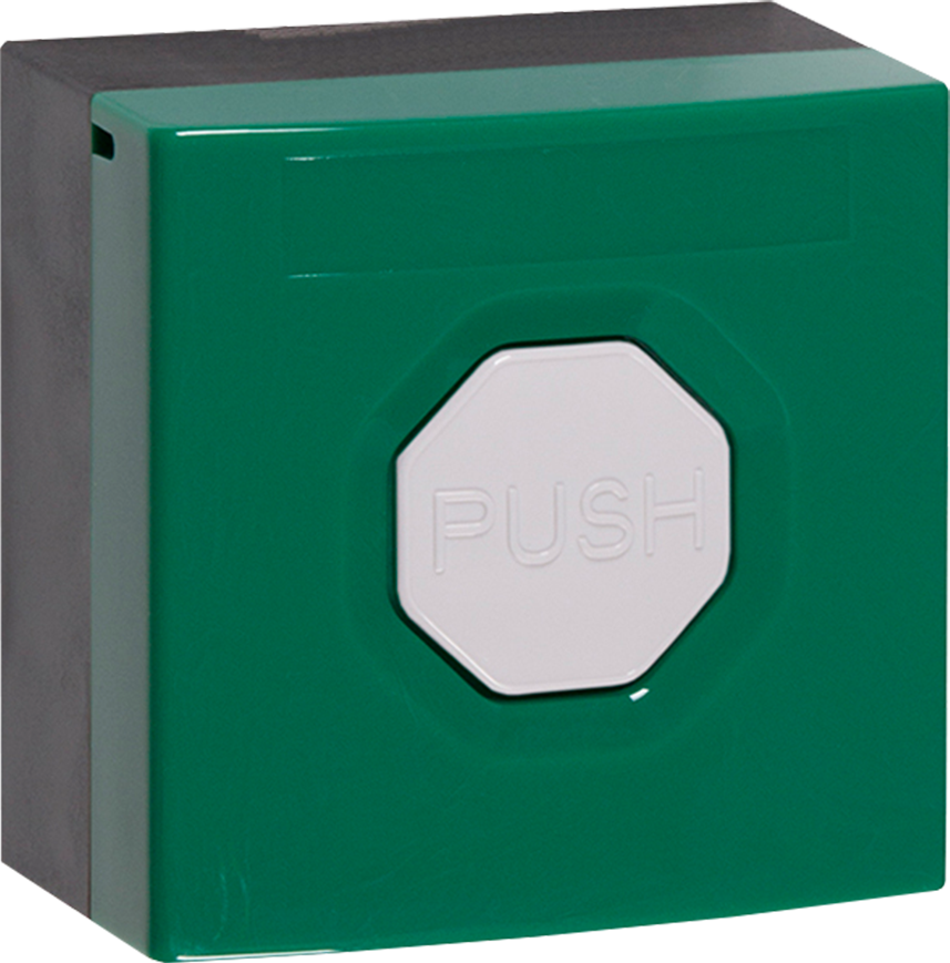 CST Call Buttons. Emergency & Assistance Indoor Push Button. Green base and silver button.