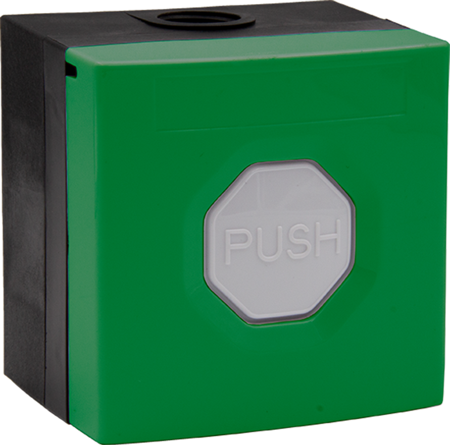 CST Call Buttons. Emergency & Assistance Waterproof Push Button. Green base and silver button.