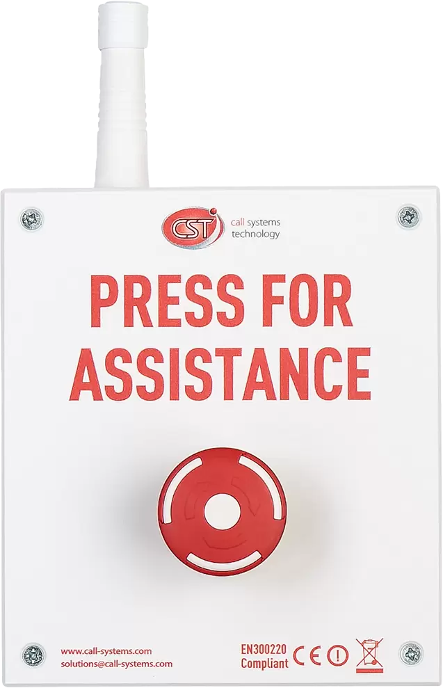 CST Call Buttons. Emergency Wireless Smack Button, saying Press For Assistance. 