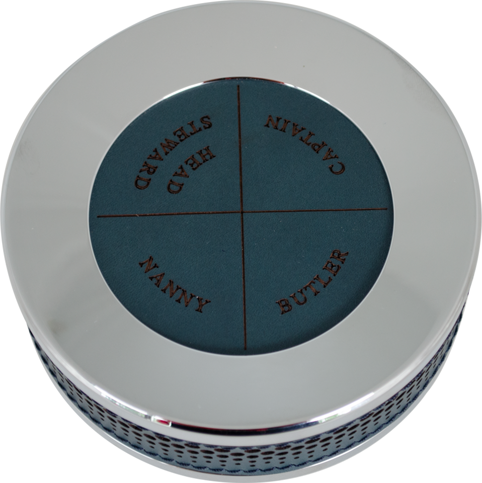 CST Call Button. Imperial Button, 4 way with blue leather and silver unit.