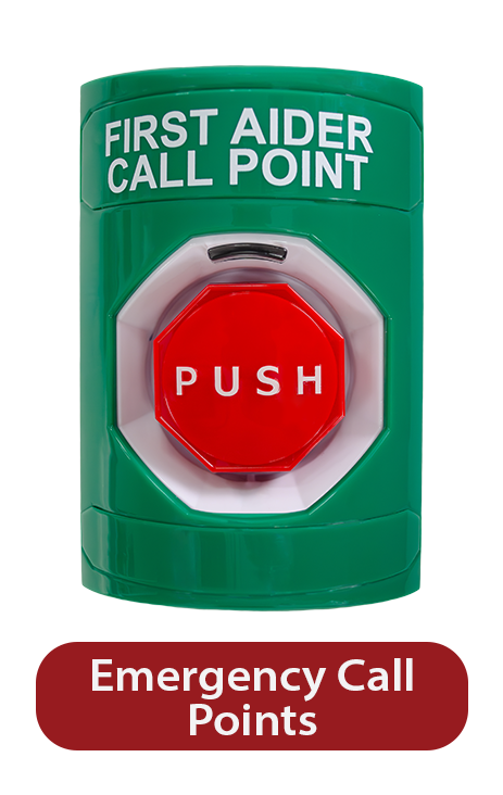 First Aider Call Point with text below image in the words 'Emergency Call Points'' 
