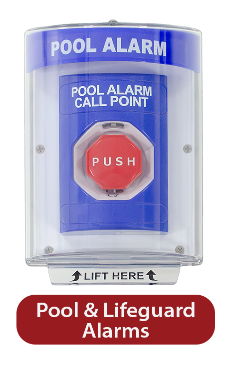 Pool Alarm with text below image in the words 'Pool & Lifeguard Alarms' 