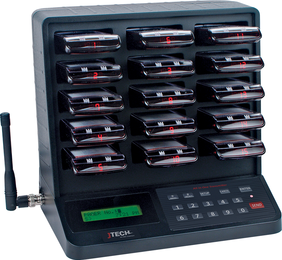 CST Transmitters. All in One Transmitter with 15 paging slots, front viewing showing display screen and keys. 