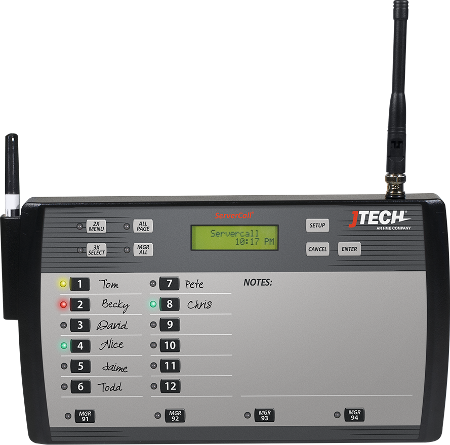 CST Transmitters. WaiterCall 12 way front view, with display screen and notes section.