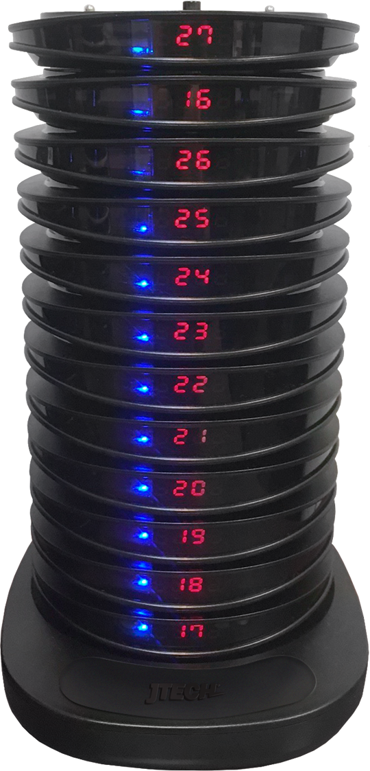 CST Charging Racks. GuestCall Coaster Tower Paging Unit, stacked pagers showing pager numbers in red and blue LED light. 