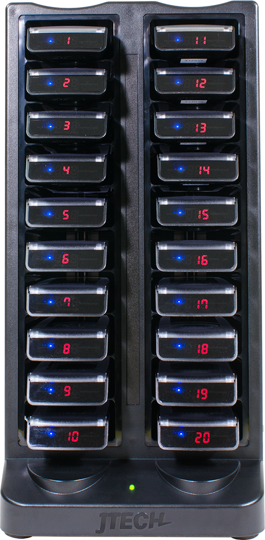 CST Charging Racks. CommPass 20 Slot Charger, with pagers, front view. 