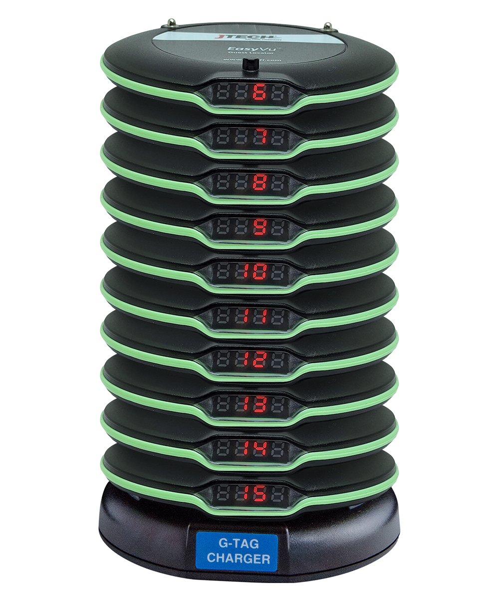 CST Charging Racks. New EasyVu Coaster Tower, stacked pagers showing display screen and pager numbers. 