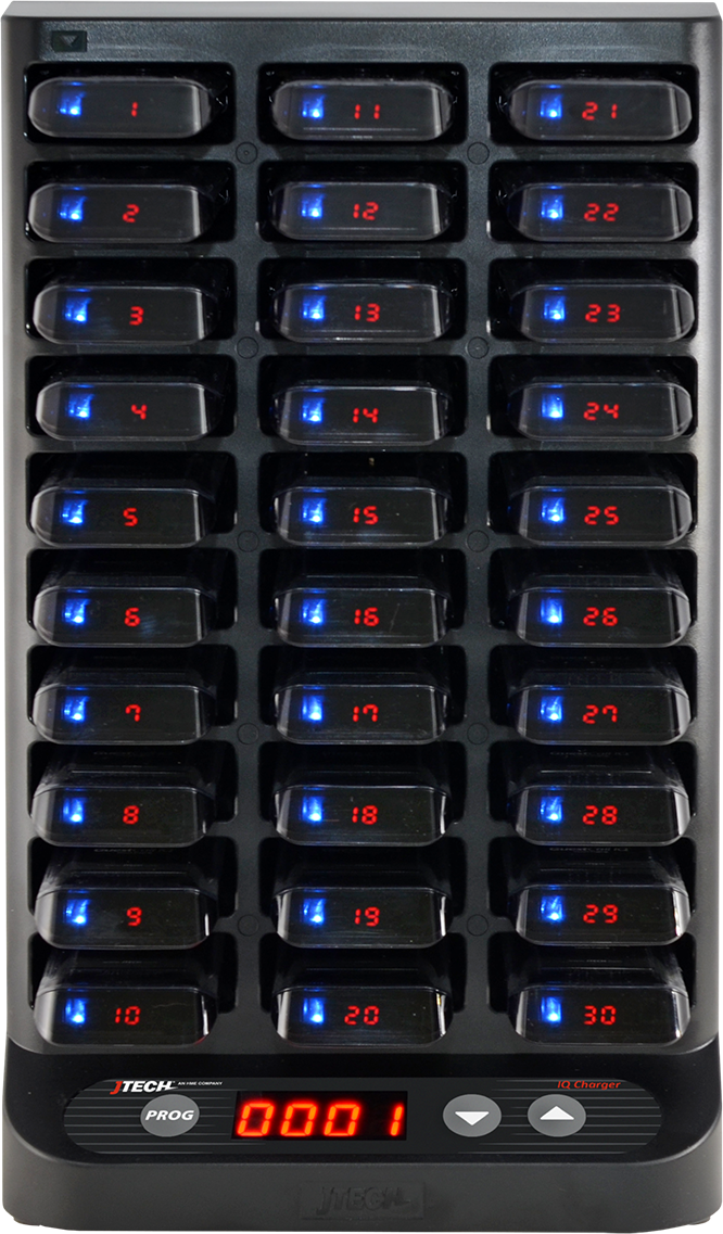 CST Charging Racks. IQ Pager 30 way charging unit with pagers, front view.