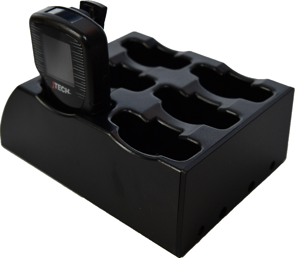 CST Charging Racks. SmartCall 6 slot Charger, 1 pager docked, side angle view. 
