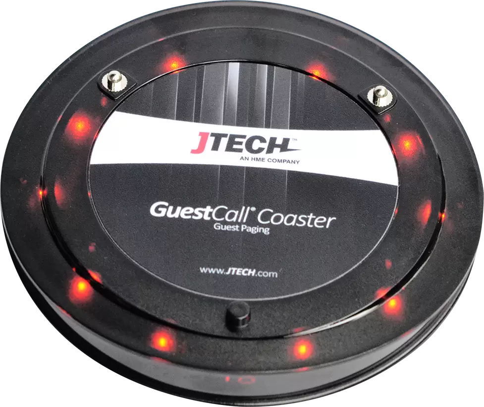 CST Customer Pagers. GuestCall Coaster Pager with red LED lights around the outside. 