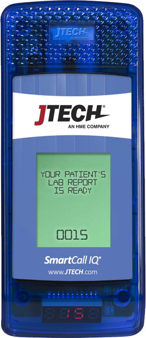 CST Customer Pager. Blue digital IQ SmartCall Pager with display screen, reading your patients lab report is now ready, plus the pager number. 