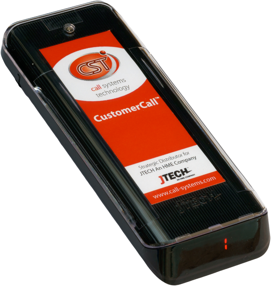 CST Customer Pager. IQ Pager CustomerCall with bespoke insert on a side angle showing digital display with pager number. 