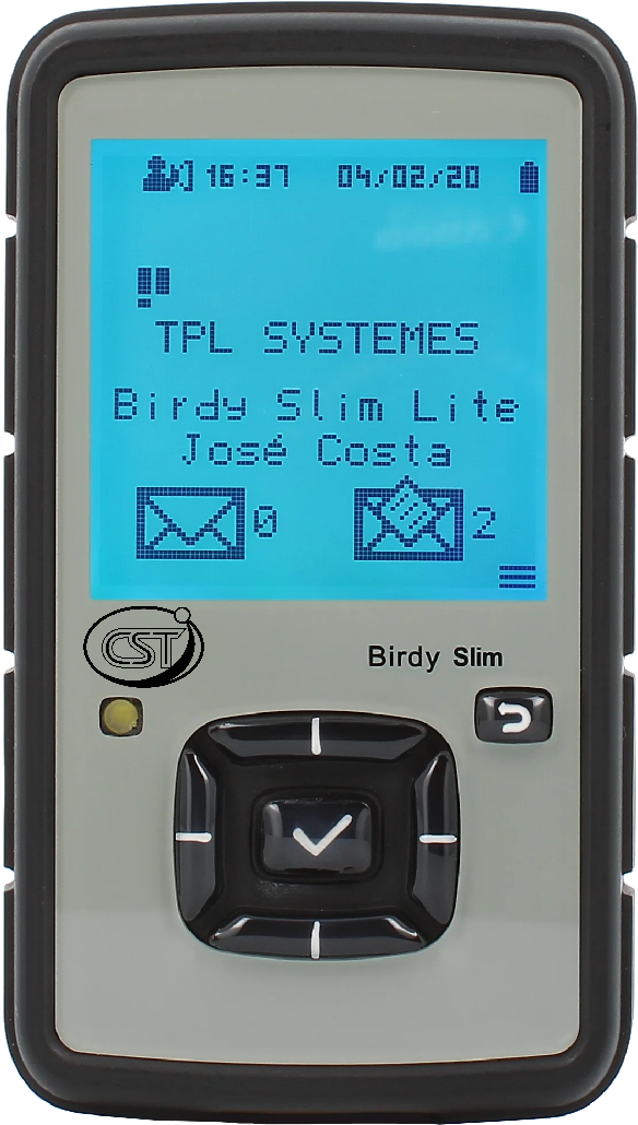 Birdy Slim Pager displaying main menu screen, with notification messages and alerts