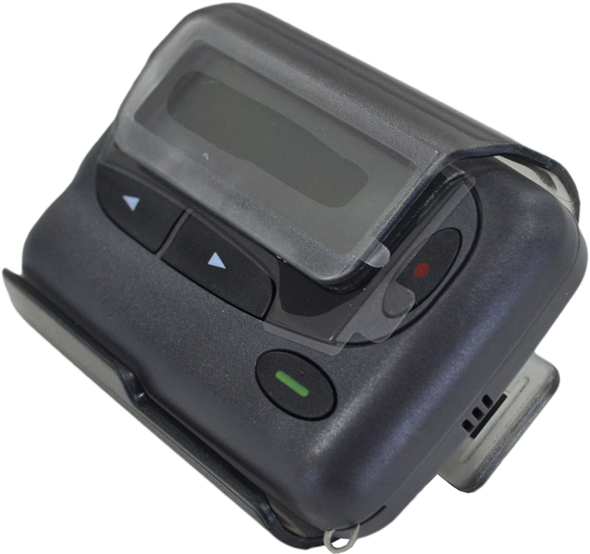 CST Staff Pagers. 2028 pager on a side angle in a belt clip. 