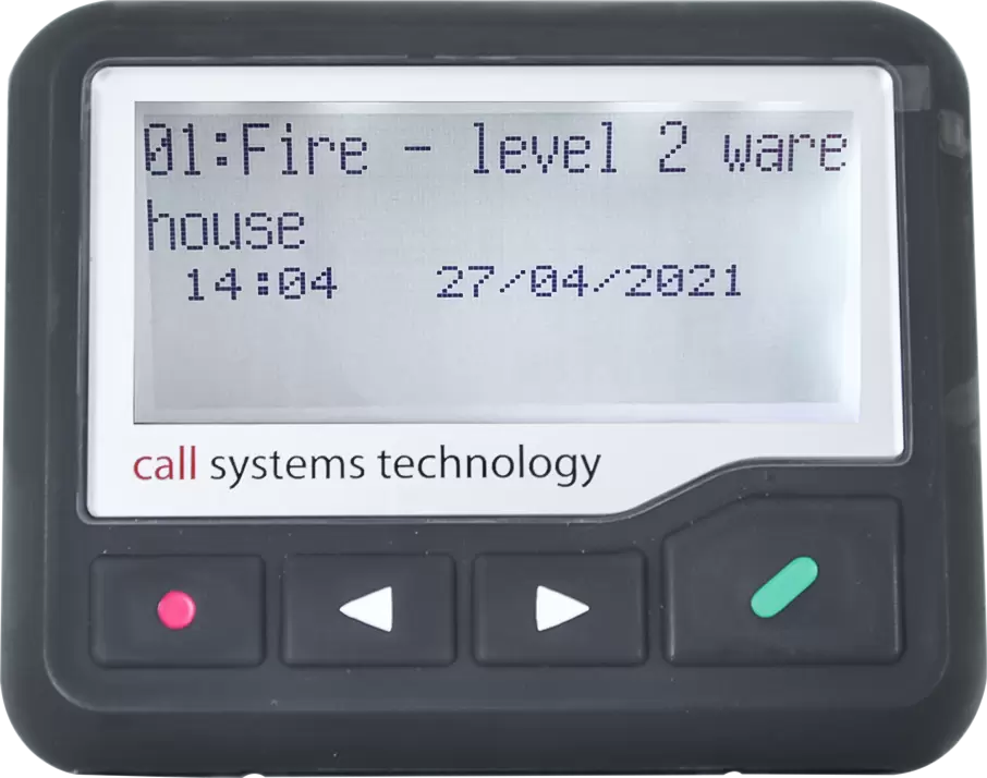 CST Staff Pager. 8001 pager displaying the message 01: Fire - level 2 warehouse. Also has time and date with a backlit screen.