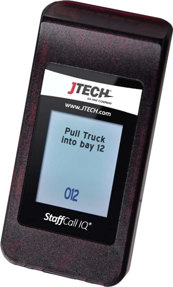 CST Staff & Customer Pagers. Digital IQ Pager displaying the message pull truck into bay 12. 