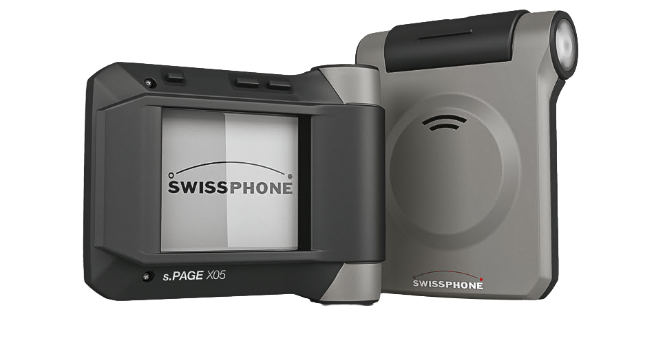 A black and grey staff pager from 2 angles (open and closed)