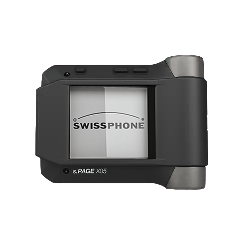 A black staff pager with a grey hinge on the side