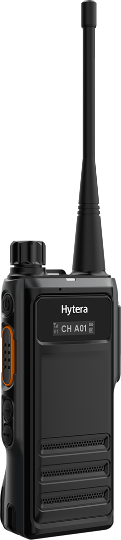 CST Two Way Radio. Hytera HP605 front side view with orange button. 