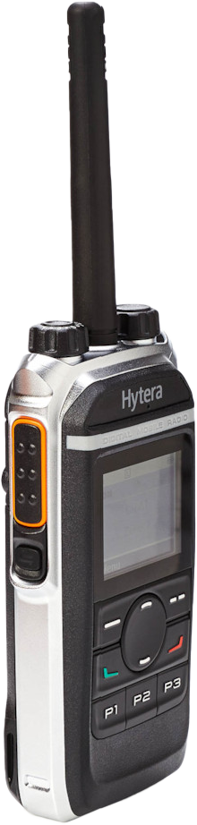 CST Two Way Radio. Hytera PD665 front side view, with orange button. 