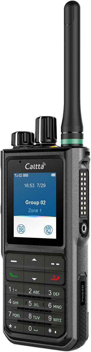 CST Two Way Radio. Caltta PH690 front side view with display screen and keypad. 