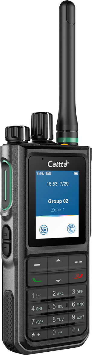 CST Two Way Radio. Caltta PH690 side view, with display screen and keypad. 