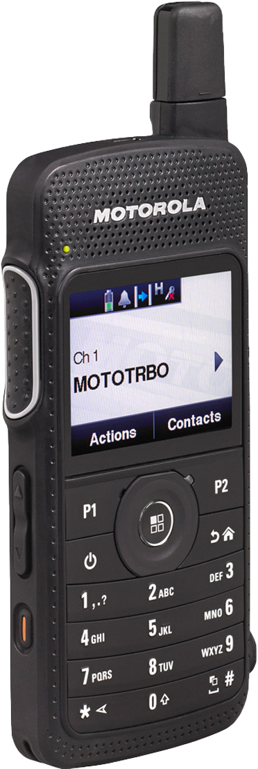 CST Two Way Radio. Motorola SL4010E front side view with display screen and keypad. 