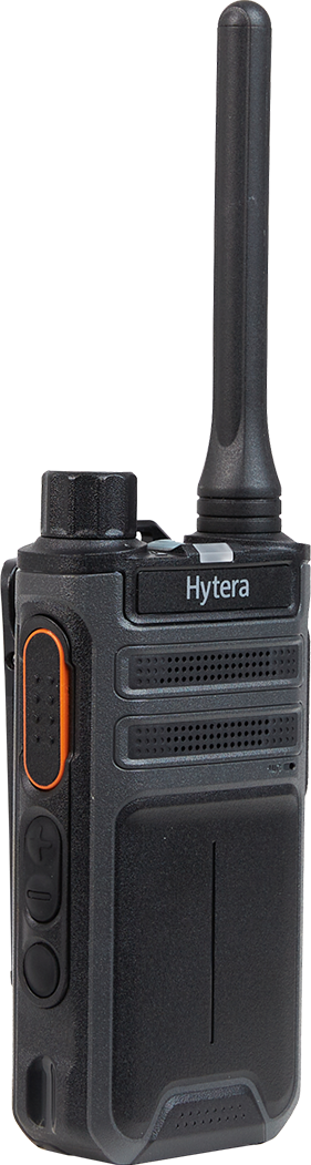 CST Two Way Radios. Hytera AP515 front side angled showing orange button. 