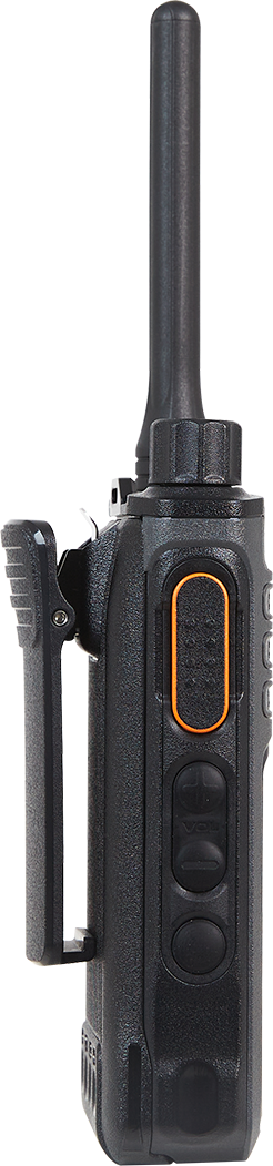 CST Two Way Radios. Hytera BP515 side view showing orange button. 